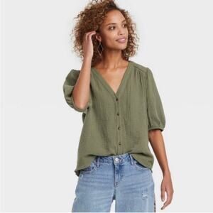 Knox Rose Women’s Sz Large Gauze Blouse Short Balloon Sleeves New NWT Olive